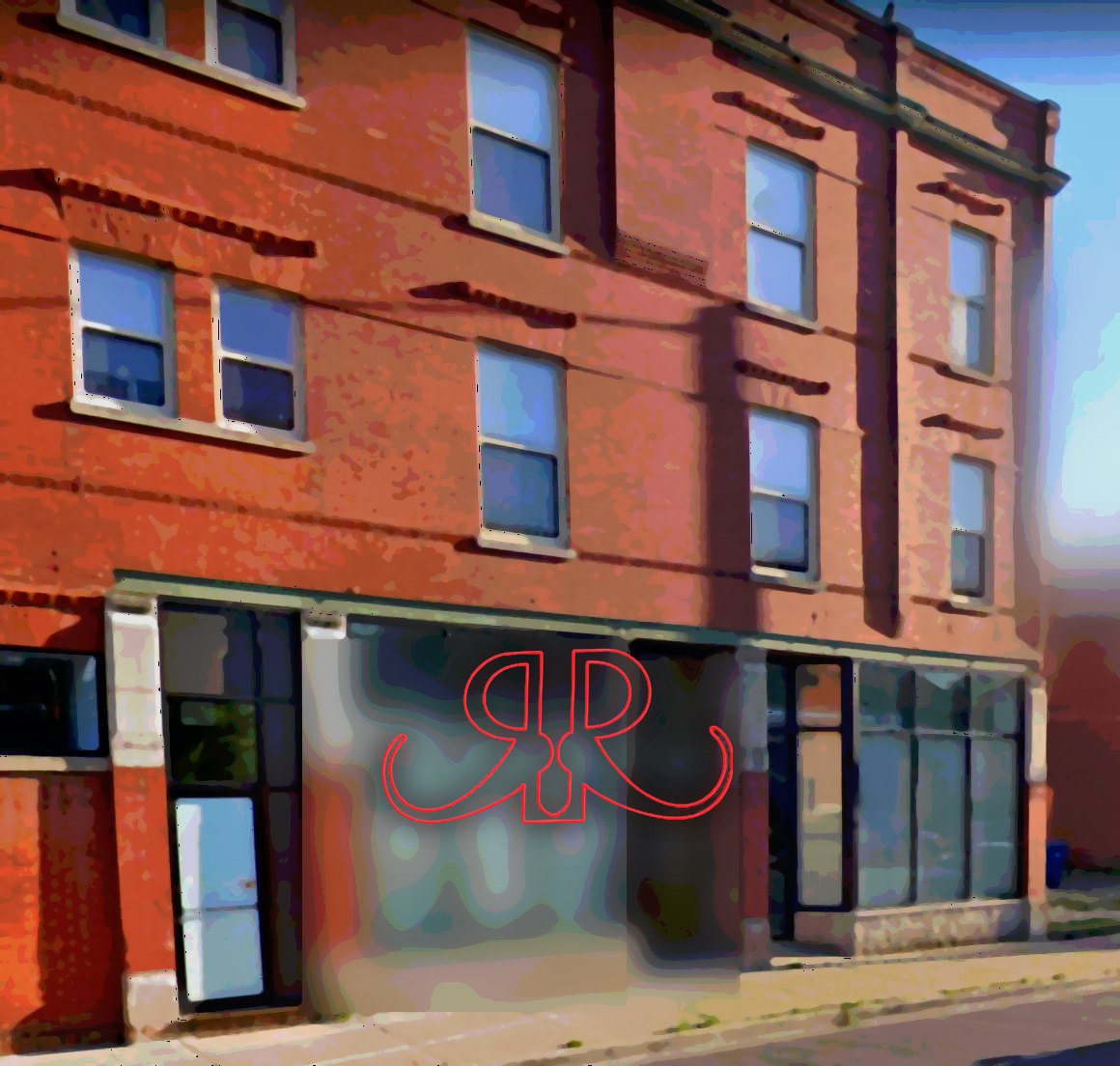 Cartoon illustration of the Razor Red building at 600 S Western Ave with the RR neon